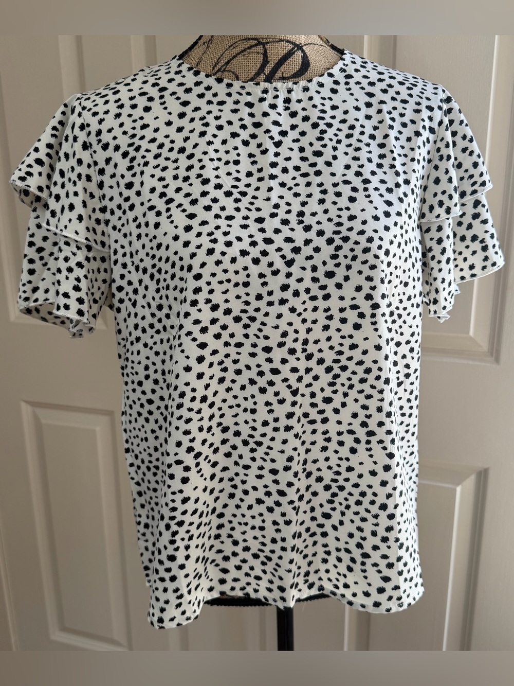 173: SHEIN White & Black Dalmatian Spot Flutter Sleeve Blouse - Large